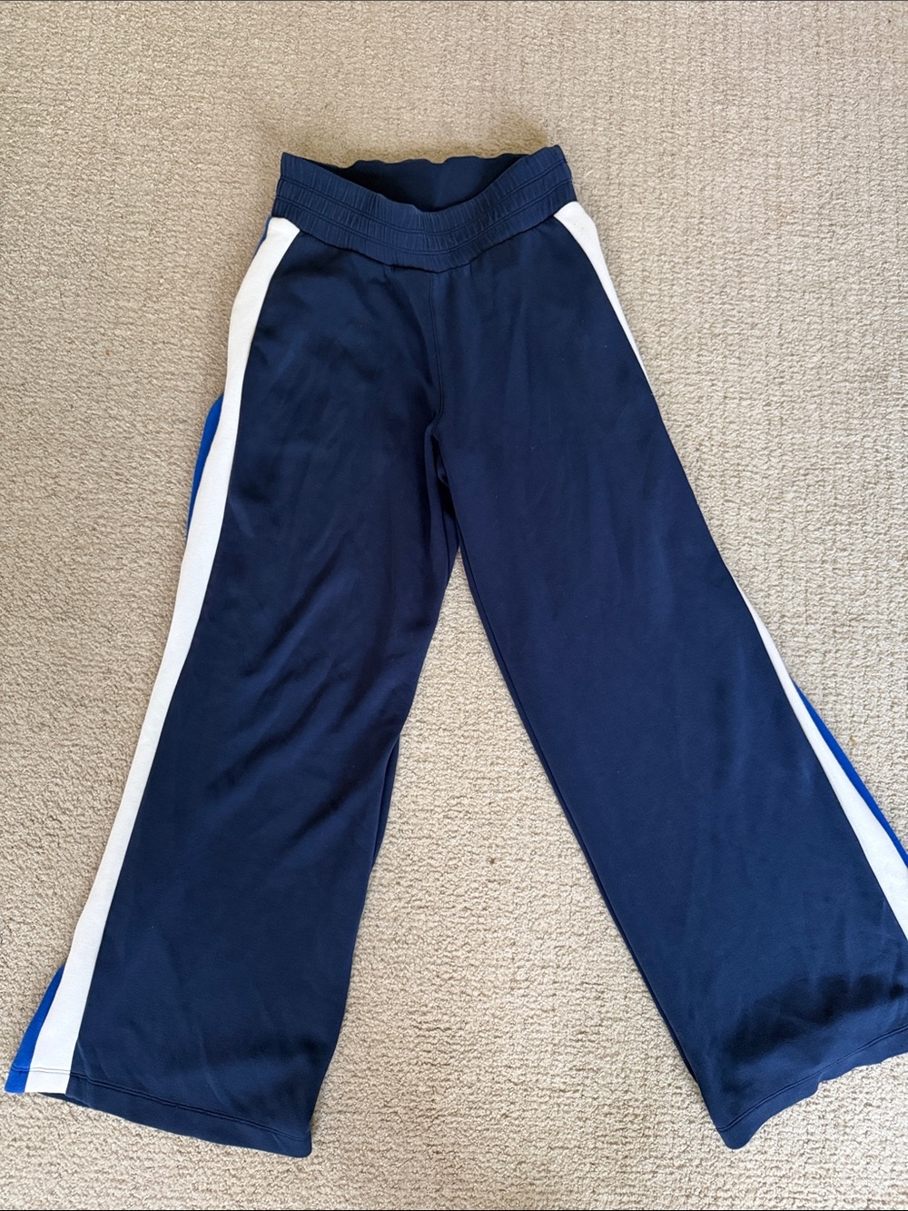 SPANX Navy AIR ESSENTIALS Wide-Leg Sweatpants with White & Blue Side Stripes